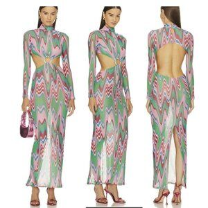 PatBo $550 Green Maxi Wave Dress Cut Out Long Sleeve Colorful Size Medium NWT